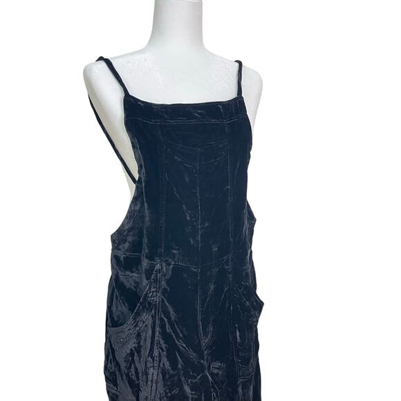 Free People Black Velvet Size S Wide Leg Drawstring Back Boho Weekender Overalls - Picture 3 of 12